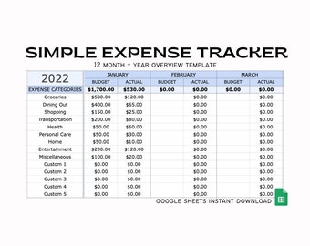 Simple Monthly Expense Tracker Spreadsheet Template, Personal Finance Dashboard - Instant Digital Download
