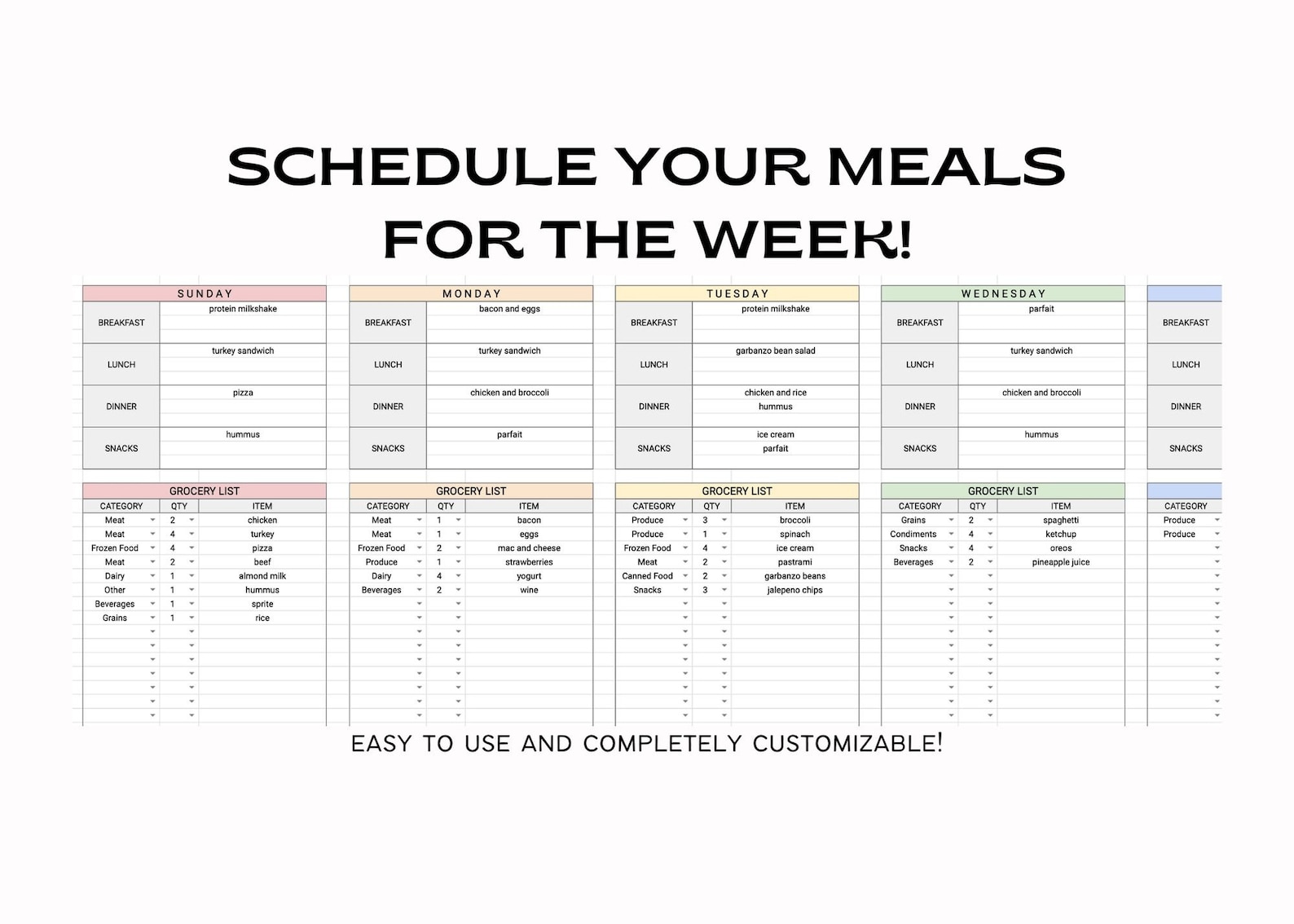 Google Sheets Meal Planner and Grocery List Spreadsheet Etsy