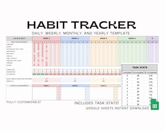 2026 Google Sheets Habit Tracker mit Aufgaben-Statistiken Tabelle Vorlage - Sofortiger digitaler Download