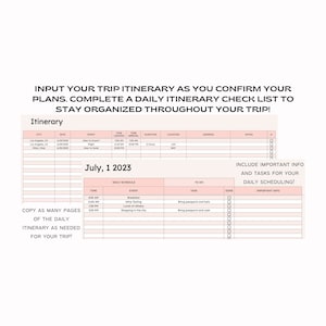May include: A printable daily itinerary planner with a pink and white color scheme. The planner includes sections for city, date, event, time leaving, time arriving, duration, location, address, notes, to-do, task, done, and important info. The planner is titled "July, 1 2023".