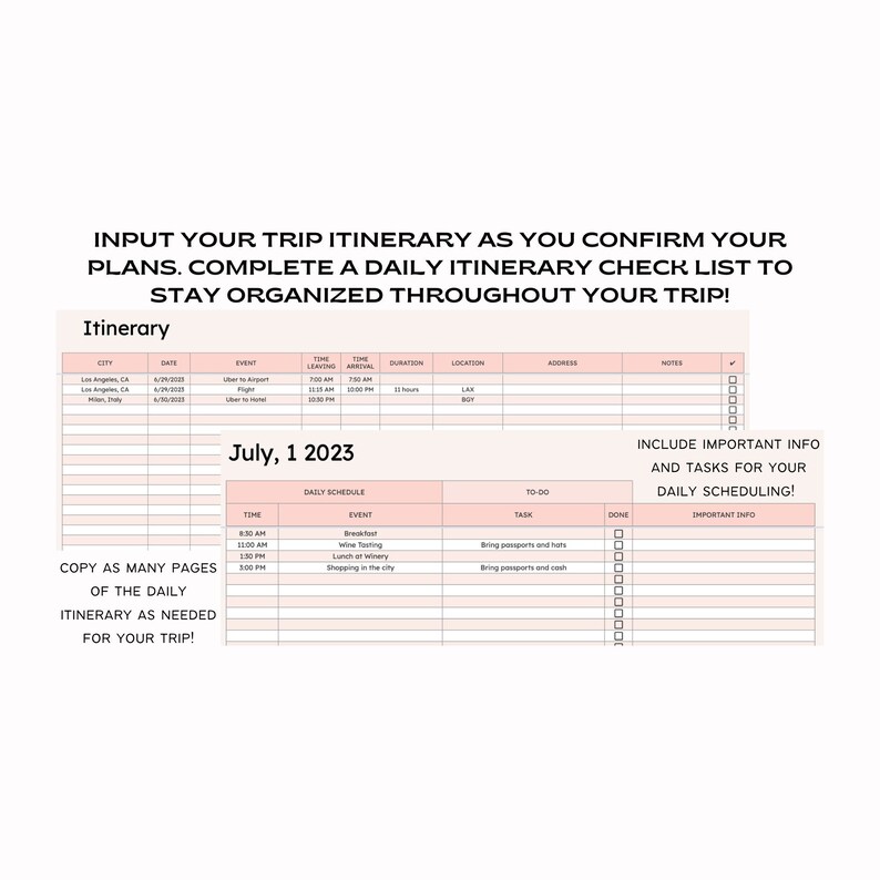 May include: A printable daily itinerary planner with a pink and white color scheme. The planner includes sections for city, date, event, time leaving, time arriving, duration, location, address, notes, to-do, task, done, and important info. The planner is titled "July, 1 2023".