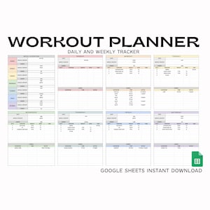 May include: A printable workout planner template in Google Sheets format. The template includes a weekly overview, daily workout tracker, and space for notes. The template is colour-coded for each day of the week.
