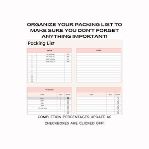 May include: A printable packing list with a pink and white color scheme. The list is divided into two sections: "Group" and "My Suitcase". The "Group" section has a list of items to pack, with a percentage next to each item. The "My Suitcase" section has a list of items to pack, with a quantity and a checkbox next to each item. The text "COMPLETION PERCENTAGES UPDATE AS CHECKBOXES ARE CLICKED OFF!" is at the bottom of the page.