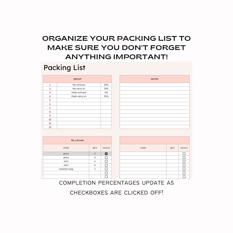 May include: A printable packing list with a pink and white color scheme. The list is divided into two sections: "Group" and "My Suitcase". The "Group" section has a list of items to pack, with a percentage next to each item. The "My Suitcase" section has a list of items to pack, with a quantity and a checkbox next to each item. The text "COMPLETION PERCENTAGES UPDATE AS CHECKBOXES ARE CLICKED OFF!" is at the bottom of the page.