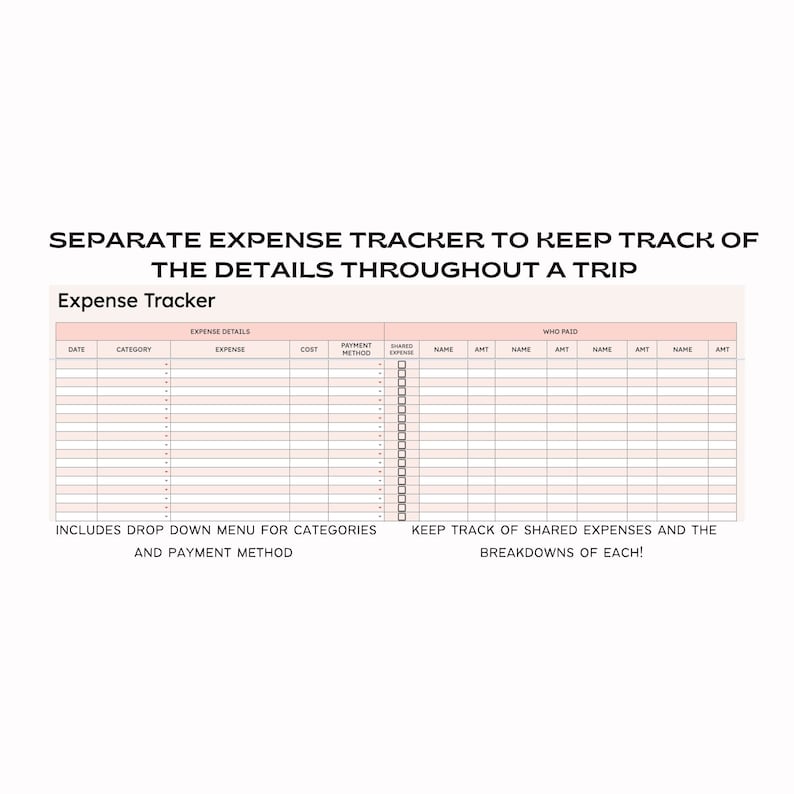 May include: A printable expense tracker with columns for date, category, expense, cost, payment method, shared expense, and who paid. The tracker includes drop-down menus for categories and payment methods. It also includes space to keep track of shared expenses and breakdowns of each.