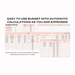 May include: A printable budget planner with a pink and white color scheme. The planner includes sections for budgeting for a trip, tracking actual costs, and breaking down expenses by category. The planner also includes a section for notes and a section for expense breakdowns.
