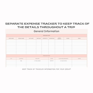 May include: A printable expense tracker to keep track of travel details. The tracker includes sections for general information, traveler's info, visa info, dates, COVID requirements, and notes.