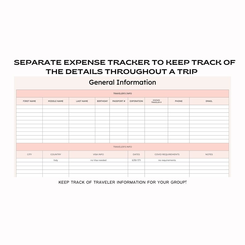 May include: A printable expense tracker to keep track of travel details. The tracker includes sections for general information, traveler's info, visa info, dates, COVID requirements, and notes.