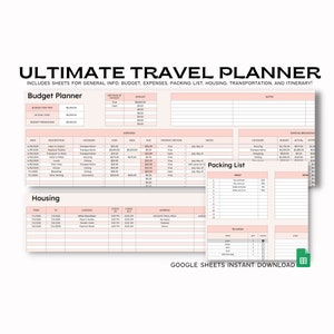 Pode incluir: Um planejador de viagens imprimível rosa e branco com seções para orçamento, despesas, lista de embalagem, alojamento e transporte. O planejador inclui o texto "Ultimate Travel Planner" e "Download instantâneo do Google Sheets".