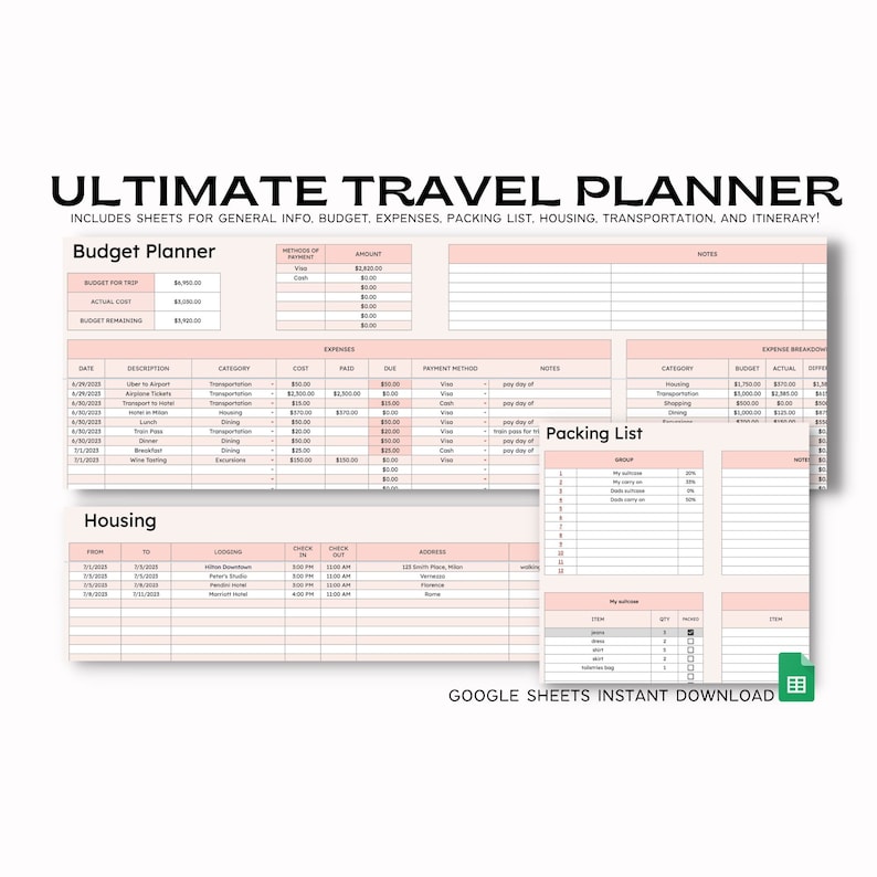 May include: A pink and white printable travel planner with sections for budget, expenses, packing list, housing, and transportation. The planner includes the text "Ultimate Travel Planner" and "Google Sheets Instant Download".