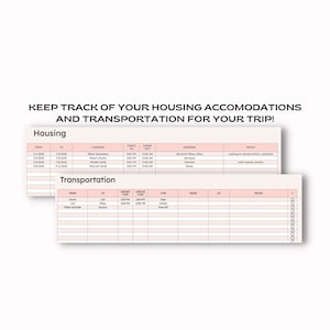 May include: A printable planner with a pink and white design. The planner is divided into two sections: Housing and Transportation. The Housing section includes columns for dates, lodging, check-in time, check-out time, address, and notes. The Transportation section includes columns for from, to, depart time, arrive time, type, name, ID, and notes.