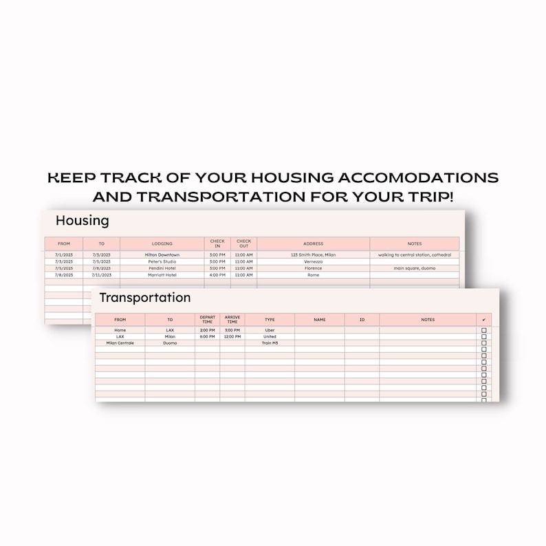 May include: A printable planner with a pink and white design. The planner is divided into two sections: Housing and Transportation. The Housing section includes columns for dates, lodging, check-in time, check-out time, address, and notes. The Transportation section includes columns for from, to, depart time, arrive time, type, name, ID, and notes.