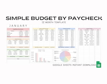 2026 Simple Budget by Paycheck Monthly Budget Spreadsheet Template, Personal Finance Dashboard - Instant Digital Download
