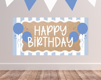 May include: A rectangular birthday banner with the words "HAPPY BIRTHDAY" in white script on a brown background. The banner has blue balloons and stars, with a blue and white striped border. White and blue pennants hang above.