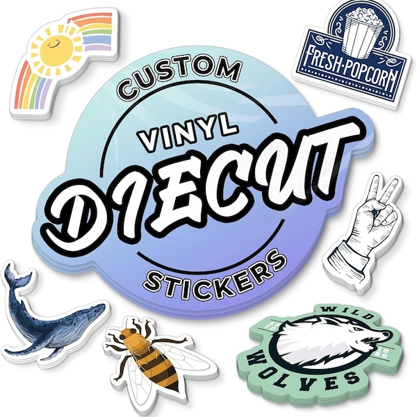 Custom Vinyl Waterproof Stickers Cut any Shape. Custom Bulk Stickers Perfect for Companies, Creators, and Sticker Lovers. Custom Stickers