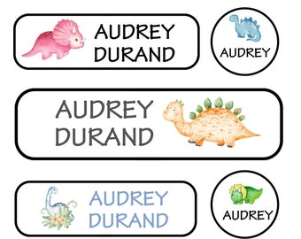 Etichette con nome Dino: adesivi impermeabili per la scuola, asili nido e campeggi