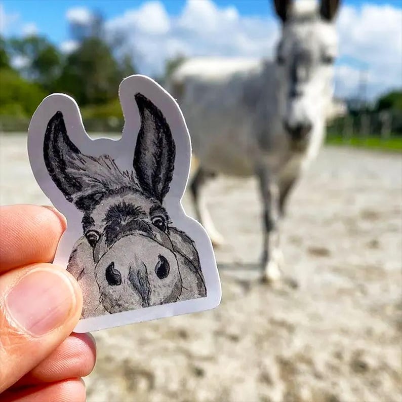 May include: A die-cut sticker featuring a detailed black and white ink illustration of a donkey head with large ears and a prominent snout, captured in a close-up view with a white border surrounding the artistic drawing of the animal.