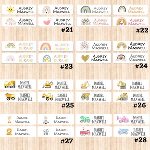 May include: Thirty personalized name labels with various colorful designs. The labels feature different themes, including rainbows, construction vehicles, and animals. Each label includes a name and last name. The labels are numbered 19 through 30.