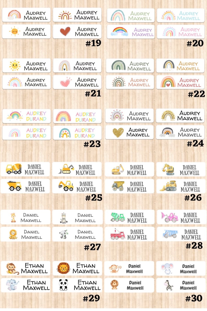 May include: Thirty personalized name labels with various colorful designs. The labels feature different themes, including rainbows, construction vehicles, and animals. Each label includes a name and last name. The labels are numbered 19 through 30.