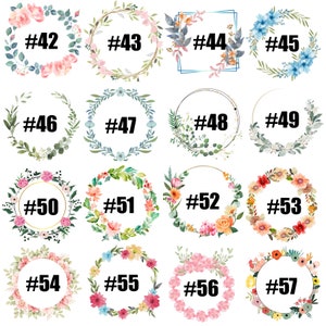 May include: A set of 16 floral wreath designs, numbered 42 through 57. Each wreath is a different color and style, with some featuring flowers, leaves, and berries.