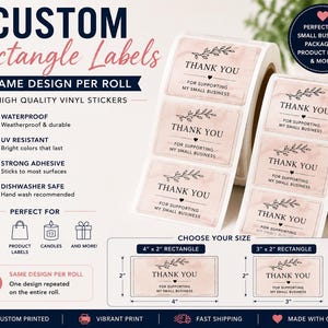 May include: Two rolls of rectangular vinyl labels featuring a soft pink watercolour background with black text that reads THANK YOU FOR SUPPORTING MY SMALL BUSINESS. The labels include a leaf graphic and are available in 10.16x5.08 cm and 7.62x5.08 cm sizes.