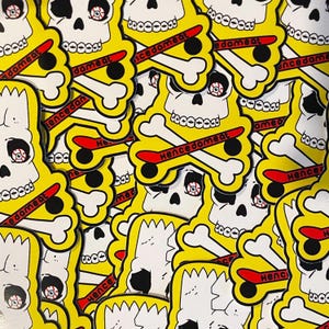 May include: A collection of die-cut stickers featuring a yellow skull with a single bloodshot eye, white teeth, and a red skateboard deck printed with the text "hencedameat" layered over white crossbones on a bright yellow background.