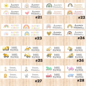 May include: Thirty personalized name labels with various colorful designs. The labels feature different themes, including rainbows, construction vehicles, and animals. Each label includes a name and last name. The labels are numbered 19 through 30.