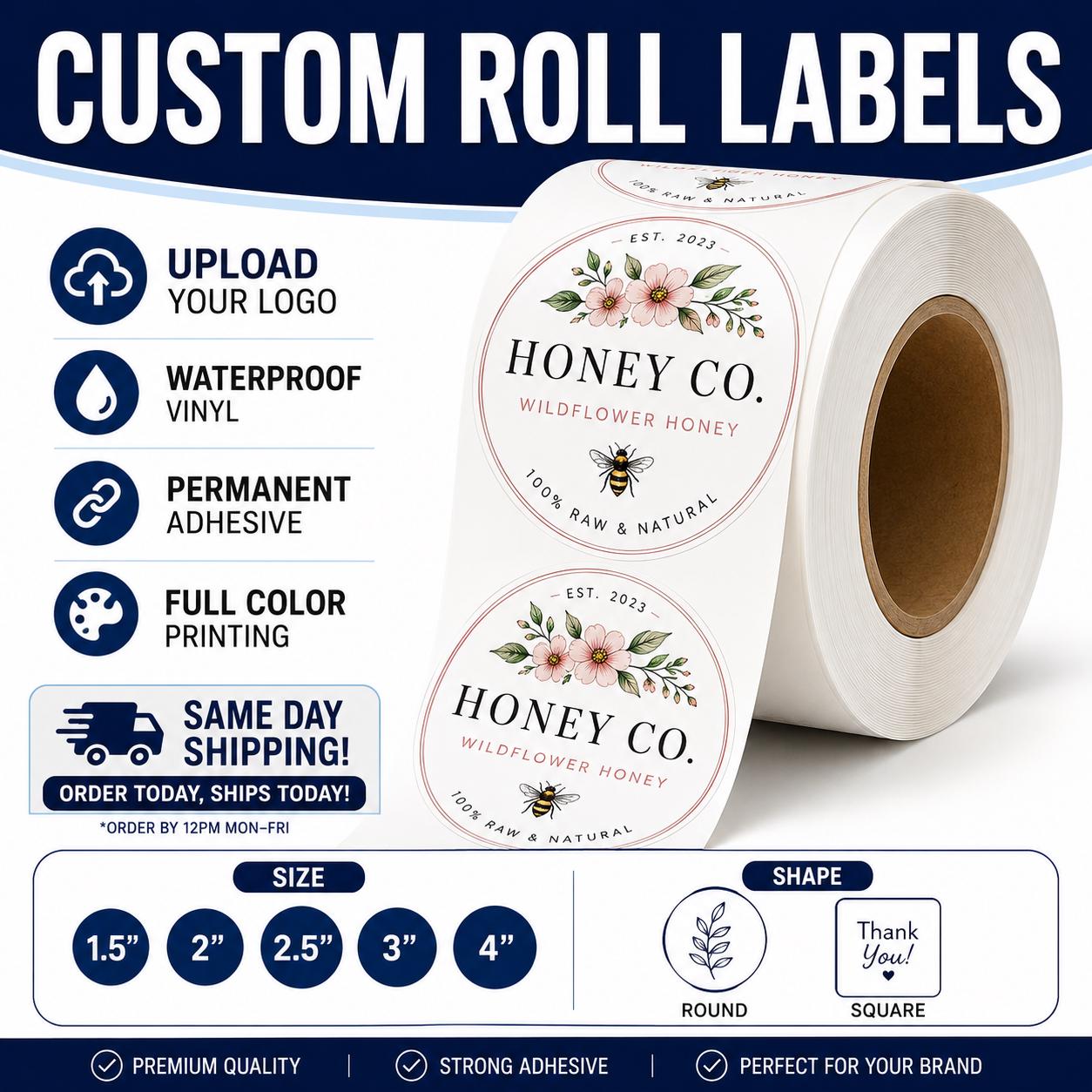 Custom Waterproof Roll Labels, Upload Your Logo, Round Square Stickers