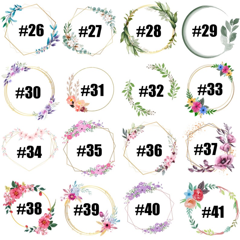 May include: A set of 16 floral wreath frames with gold outlines. Each frame is numbered from 26 to 41. The frames are decorated with various flowers, leaves, and greenery.