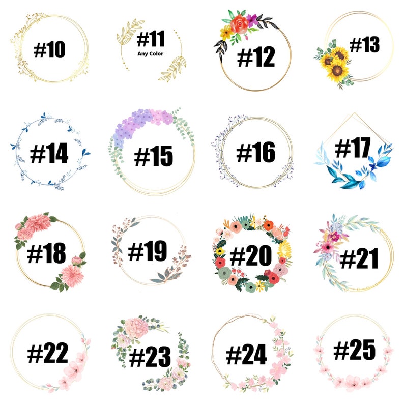 May include: A set of 25 floral wreath designs, numbered 10 through 25, with a variety of flowers and colors. The wreaths are perfect for adding a touch of nature to your designs.