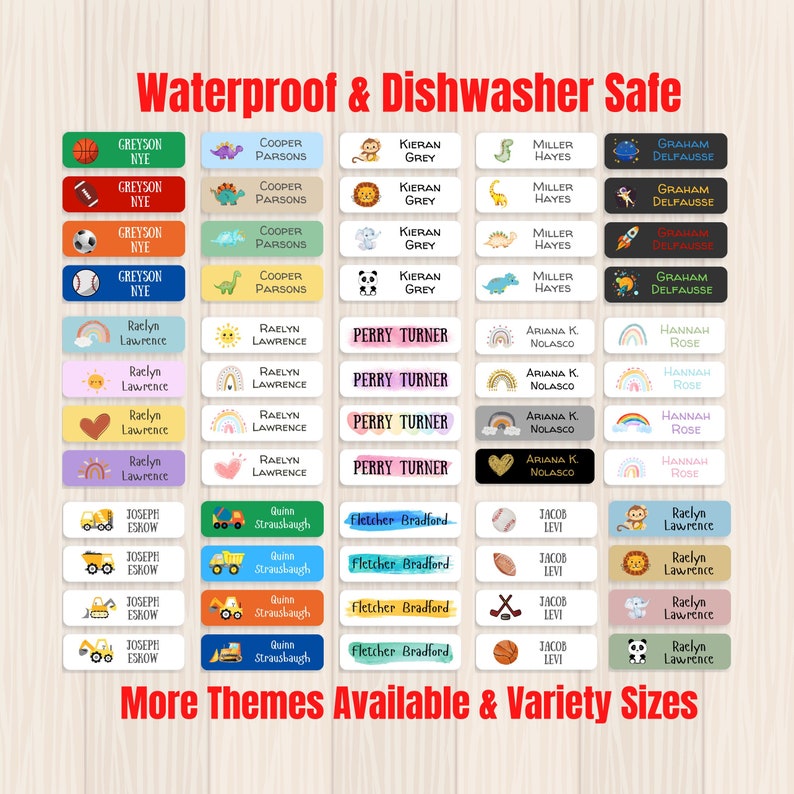 May include: A set of colorful, waterproof, and dishwasher-safe name labels with various themes and designs. The labels feature names like Greyson Nye, Cooper Parsons, Kieran Grey, Miller Hayes, Graham Delfausse, Raclyn Lawrence, Perry Turner, Ariana K Nolasco, Hannah Rose, Joseph Eskow, Quinn Strausbaugh, Fletcher Bradford, Jacob Levi, and Raelyn Lawrence. The labels are perfect for personalizing school supplies, lunchboxes, and other belongings.