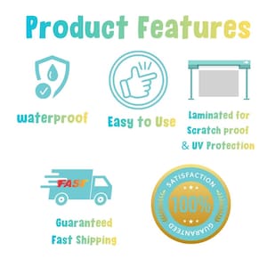 May include: An infographic titled Product Features with icons representing waterproof, easy to use, laminated for scratch proof and UV protection, fast shipping, and a 100% satisfaction guaranteed gold seal. The text is in light blue and yellow.