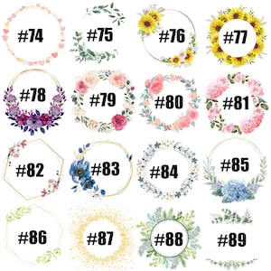 May include: A set of 16 digital wreath clip art images in various styles, including floral, sunflower, and geometric designs. Each wreath is numbered from 74 to 89.