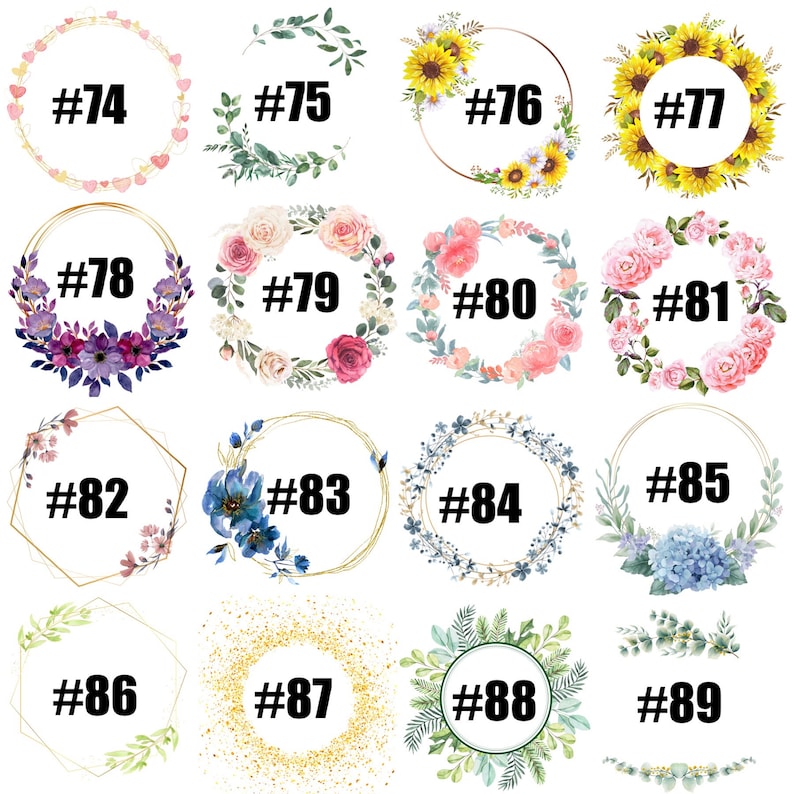 May include: A set of 16 digital wreath clip art images in various styles, including floral, sunflower, and geometric designs. Each wreath is numbered from 74 to 89.