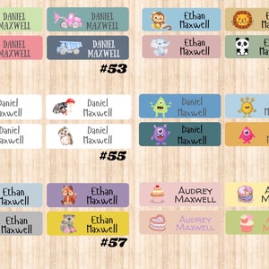 May include: A set of colorful personalized name labels with various designs, including trucks, animals, monsters, and cupcakes. The labels feature the names Daniel, Ethan, and Audrey, along with the last name Maxwell.