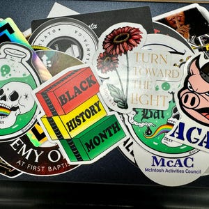 May include: A collection of assorted vinyl stickers featuring various designs including a skull with a rainbow, a stack of books labeled Black History Month, a flower with the text Turn Toward The Light, and a pig wearing a helmet with the text AGAB.