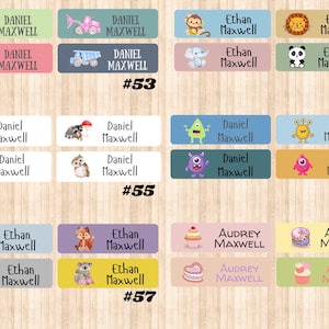 May include: A set of colorful personalized name labels with various designs, including trucks, animals, monsters, and cupcakes. The labels feature the names Daniel, Ethan, and Audrey, along with the last name Maxwell.