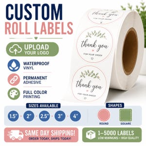 May include: A roll of white circular labels featuring a green leaf illustration and the text thank you FOR YOUR ORDER. The labels are waterproof vinyl with permanent adhesive. The image displays text options for sizes 1.5, 2, 2.5, 3, and 4 inches.