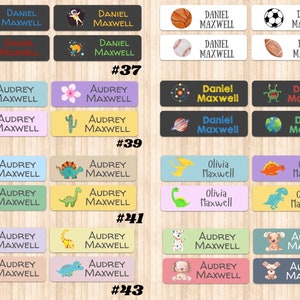 May include: A set of 10 colorful personalized name labels with various illustrations, including dinosaurs, space, animals, and sports. The labels feature the names "Daniel Maxwell", "Audrey Maxwell", and "Olivia Maxwell".
