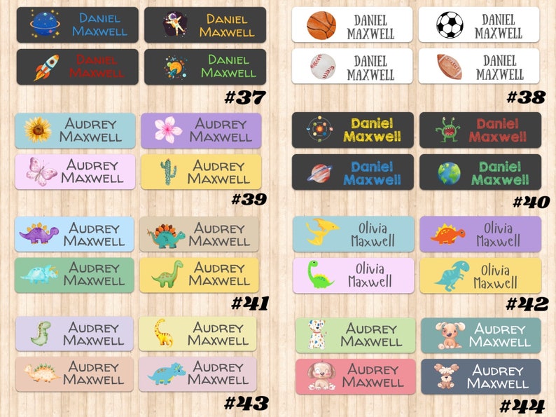 May include: A set of 10 colorful personalized name labels with various illustrations, including dinosaurs, space, animals, and sports. The labels feature the names "Daniel Maxwell", "Audrey Maxwell", and "Olivia Maxwell".