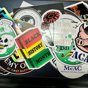 May include: A collection of assorted vinyl stickers featuring various designs including a skull with a rainbow, a Black History Month graphic, a pig wearing a helmet with the text AGAB, and a floral illustration with the text TURN TOWARD THE LIGHT.
