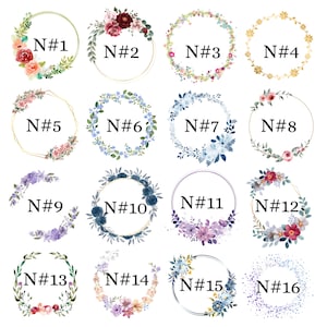 May include: A set of 16 different floral wreath designs, each with a unique style and color scheme. The wreaths are numbered from 1 to 16.