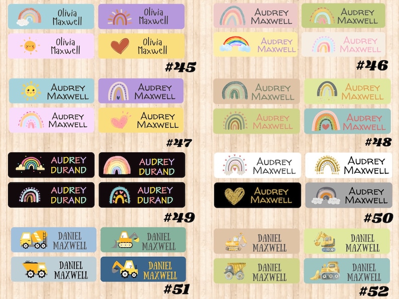 May include: Set of colorful personalized name labels with rainbow, sun, heart, and construction vehicle designs. The labels are numbered #245, #246, #247, #248, #249, #250, #251, and #252.