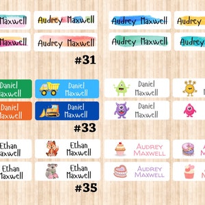 May include: A set of 10 colorful personalized name labels with various designs, including watercolor, construction vehicles, monsters, and animals. The labels are numbered 31 through 36.