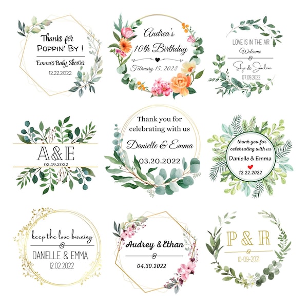 Pegatinas florales personalizadas: boda, despedida de soltera, cumpleaños (pegatinas digitales)