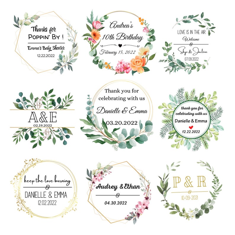 May include: Nine different floral and greenery designs for wedding or party favors. Each design features a gold geometric frame with text that includes names and dates. The designs are perfect for a wedding, bridal shower, baby shower, birthday party, or other special event.