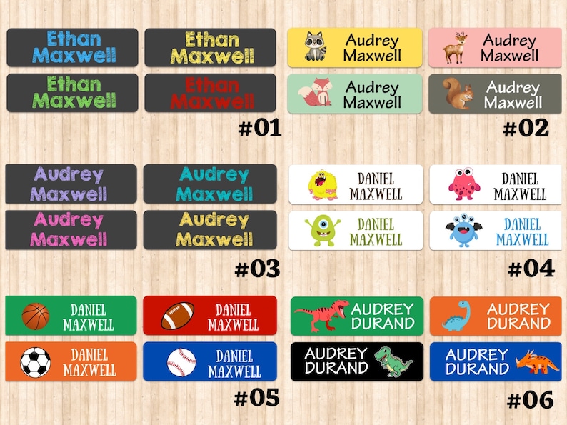 May include: Six sets of colorful personalized name labels with various designs. The designs include animals, monsters, sports equipment, and dinosaurs. The labels are rectangular and have a white background with black text. The text includes names like Ethan Maxwell, Audrey Maxwell, Daniel Maxwell, and Audrey Durand.