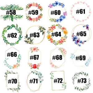 May include: A set of 12 floral wreath designs, each with a unique arrangement of flowers and greenery. The wreaths are numbered from 58 to 73.