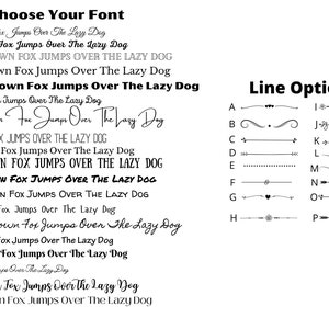 May include: A graphic showing 19 different font styles for the phrase "The Quick Brown Fox Jumps Over The Lazy Dog".  The graphic also shows 16 different line options, each with a different design.