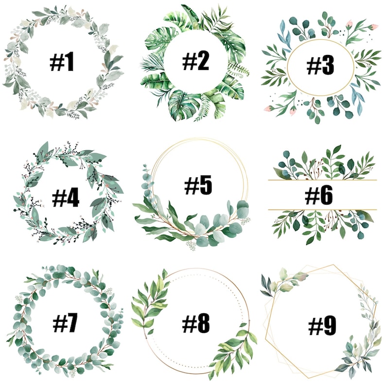 May include: Nine different green wreath frames with numbers 1 through 9 in black text. The wreaths are made of various types of greenery, including eucalyptus, ferns, and other leafy branches.